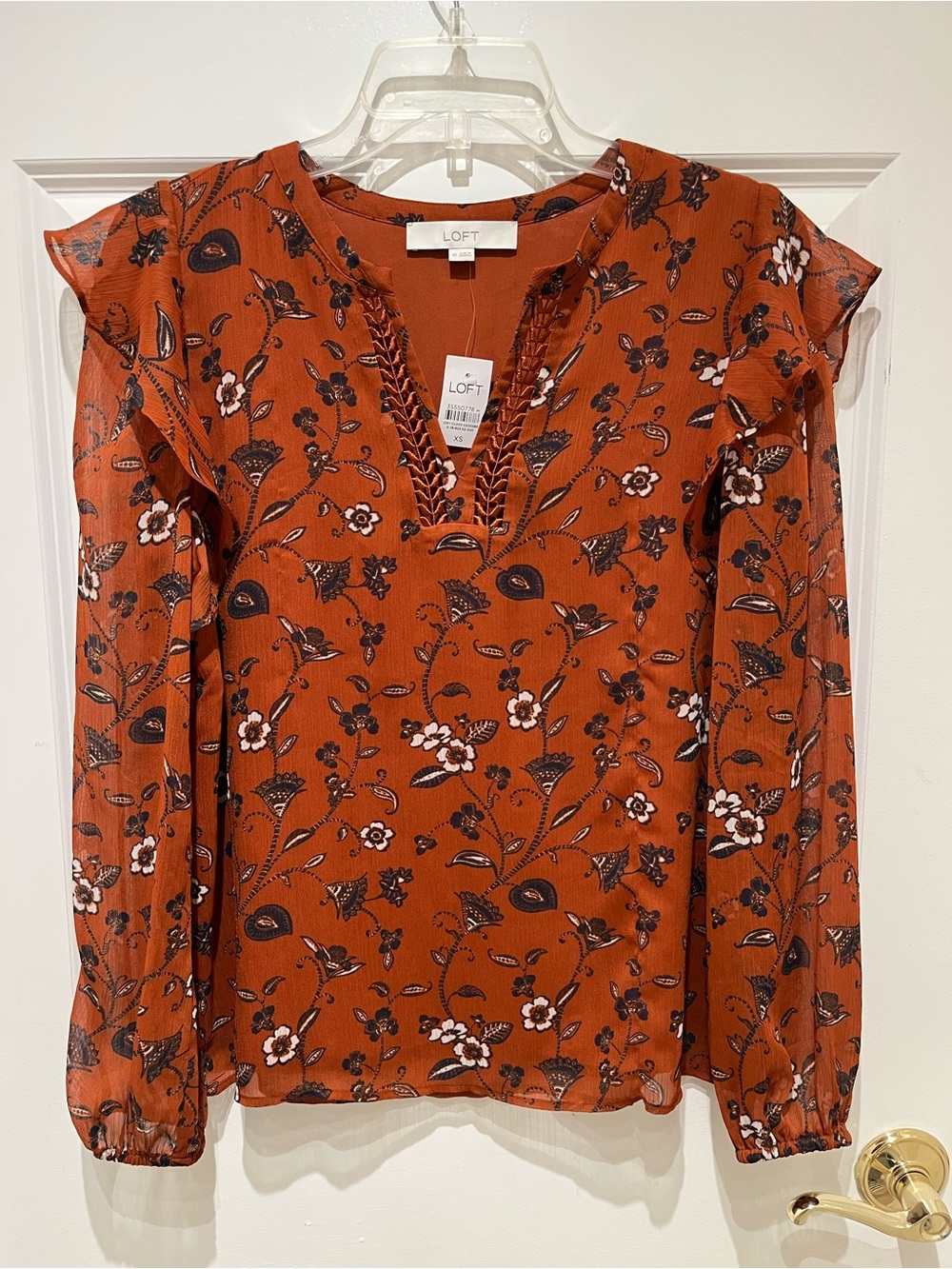 NWT LOFT Brown/Dark Rust Floral V‑Neck Long Sleeve Blouse Size XS